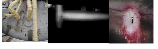 Рис. 6. Общий вид днища  вакуумной колонны (а) и результаты рентгенографического (б) и капиллярного (в) контроля