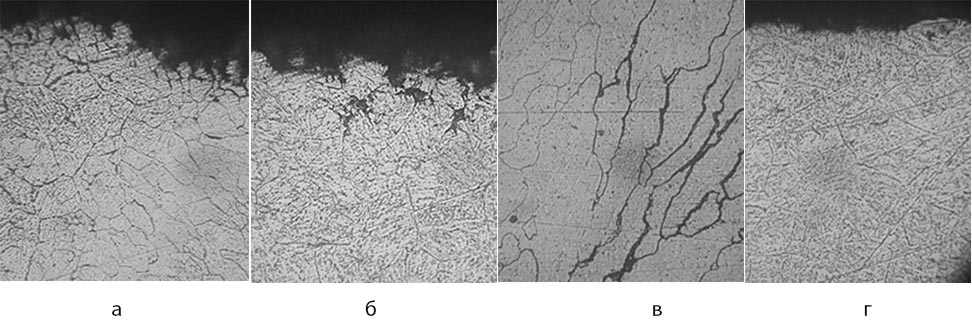 Рис. 5. Микроструктура образца из стали 20Х13 без термообработки после испытаний на МКК. 200: а – зона сплавления; б – зона термического влияния; в – наплавка; г – основной металл