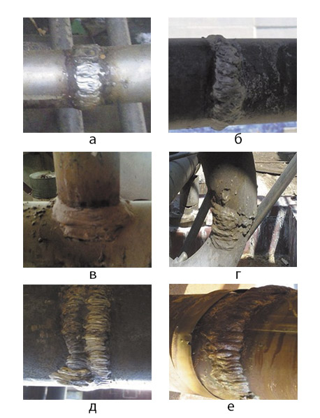 Рис. 2. Наиболее частые дефекты сварных швов: а; б – неравномерная ширина и неправильный профиль, наплывы; в, г – наплывы (натеки), превышение усиления и асимметрия углового сварного шва, брызги металла; д, е – неполномерность и чешуйчатость сварного шва, углубление (западание) между валиками шва, наплывы
