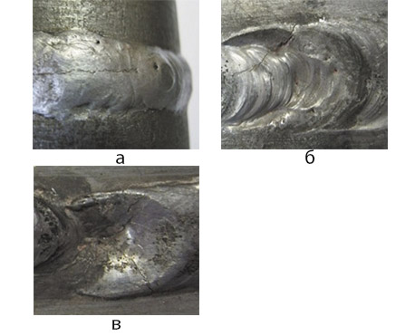 Рис. 3. Разрывы металла в сварном шве и (или) прилегающих к нему зонах сварного соединения и основного металла трубопроводов: а – продольная; б – поперечная; в – разветвленная + кратерная