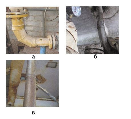 Рис. 8. Несоответствия расположения при сваривании различных элементов трубопровода: а – отклонение по геометрическим размерам и взаимному расположению свариваемых элементов; б, в – смещение и совместный увод кромок свариваемых элементов