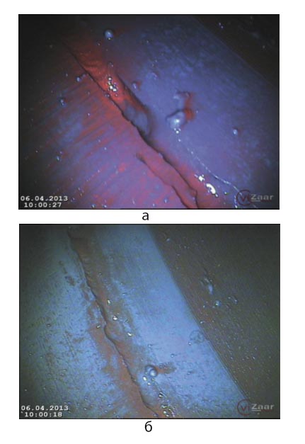 Рис. 2. Дефекты сварного шва №1 (а) и №2 (б)