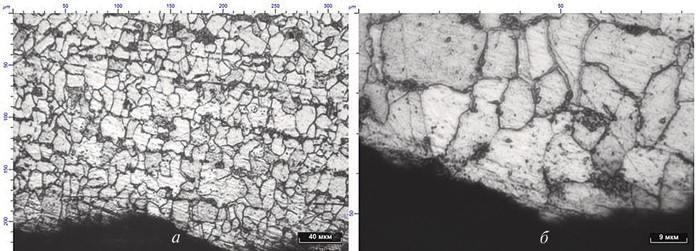 Рис. 8. Микроструктура внутреннего края сечения трубы: а – x100; б – x400