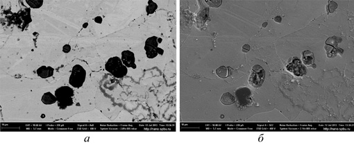 Рис. 8. Электронно-микроскопические снимки пузырьков метана в стали 20: а – во вторичных электронах; б – в обратно-рассеянных электронах