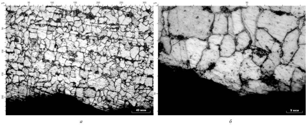 Рис. 8. Микроструктура внутреннего края сечения трубы: а – x100; б – x400