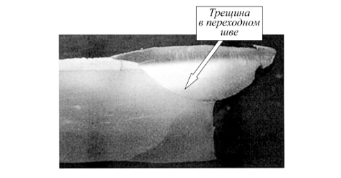 Рис. 3. Поперечный разрез сварного соединения (ответная часть) в месте разрушения 7 февраля 2006 г. емкости для хранения  пропановой  фракции