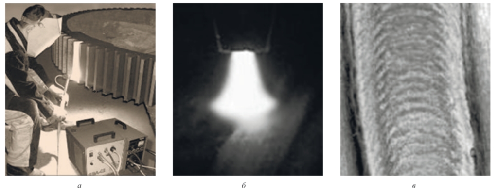 Рис. 1. Плазменная закалка: а – установка УДГЗ-200; б – плазменная дуга; в – закаленная полоса с цветами побежалости