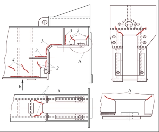 Рис. 6. Участки появления трещин на концевых балках мостового крана